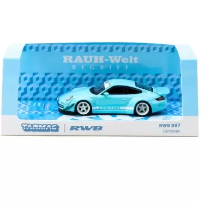 Miniatura de carro desportivo azul claro numa caixa azul e branca com texto