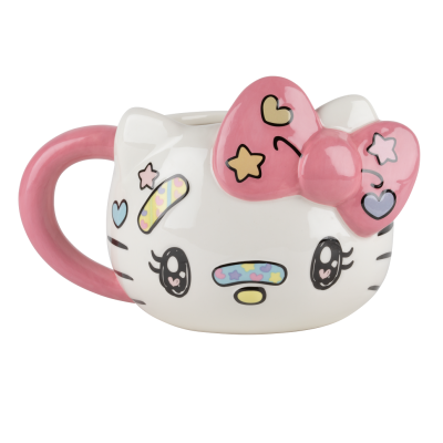 Caneca cerâmica formato rosto de gato com laço rosa e detalhes coloridos