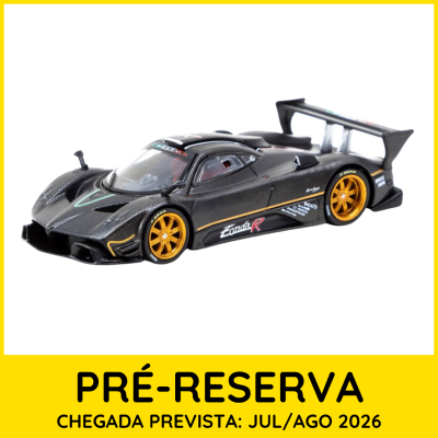 Miniatura de carro de corrida preto com detalhes dourados e texto Zonda R