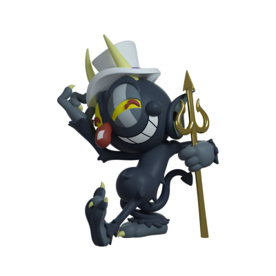 Figura colecionável de personagem preto com cartola branca e tridente dourado