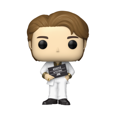 Boneco Funko Pop de homem com roupa branca segurando placa preta com texto