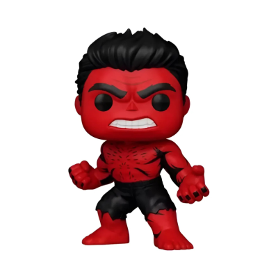 Figura colecionável Funko Pop do Hulk vermelho com cabelo preto e expressão zangada