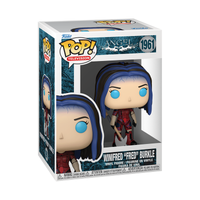 Boneco Funko Pop! Winifred Fred Burkle com cabelo azul e preto, vestido vermelho, segurando machado em embalagem de plástico