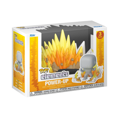 Caixa de acessório de vinil Pop! Elements POWER-UP com figura cinzenta e explosões amarelas e laranja