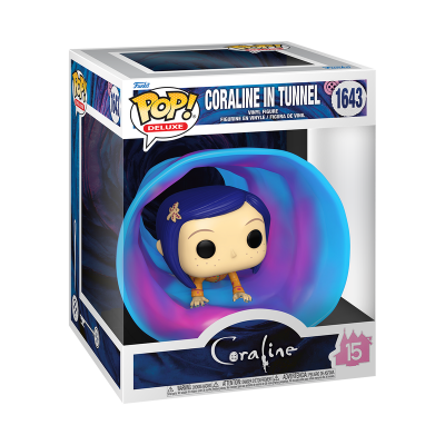 Figura Funko Pop! Deluxe Coraline In Tunnel dentro de túnel azul e roxo na caixa