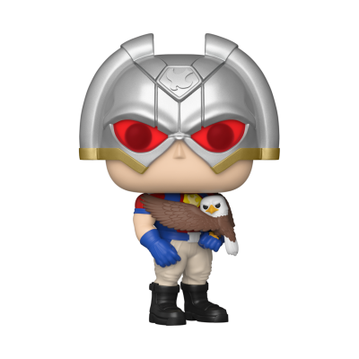 Figura Funko Pop de super-herói com capacete prateado e águia ao colo