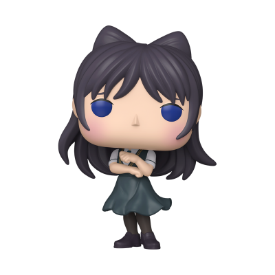 Figura Funko Pop de personagem com cabelo castanho escuro e olhos azuis vestindo saia azul escura