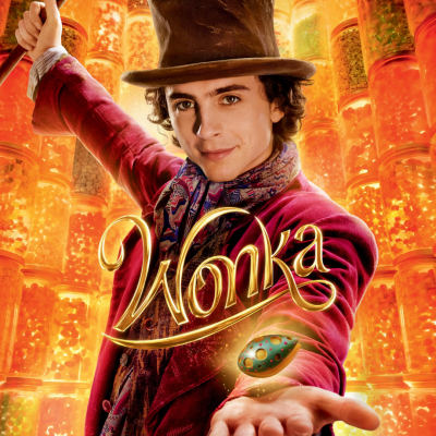 Homem jovem com chapéu e casaco vermelho segurando cápsula colorida, fundo com frascos de doces iluminados e texto Wonka em dourado