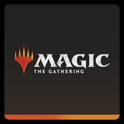 Logótipo do jogo Magic: The Gathering com símbolo em chamas e texto branco