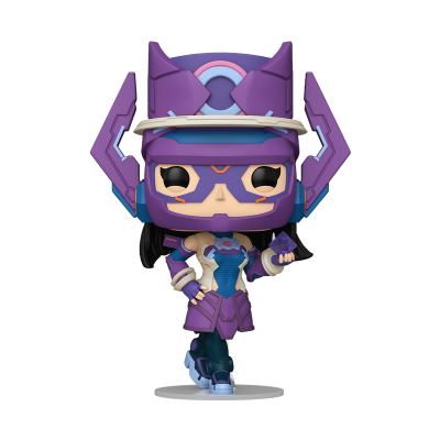 Figura colecionável Funko Pop futurista vestida de roxo com capacete grande