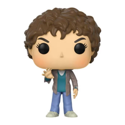 Figura Funko Pop com cabelo castanho encaracolado e casaco cinzento às riscas