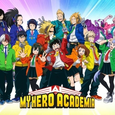 Personagens animados de My Hero Academia em pose grupal colorida com texto da série