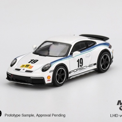 Miniatura de carro desportivo Porsche branco com detalhes em azul e logotipos