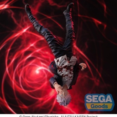 Figura de ação masculina com cabelo branco e fato preto em fundo vermelho com luz em espiral.