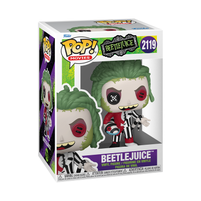 Figura de vinil Beetlejuice Funko Pop! em caixa com rosto de boneco e texto