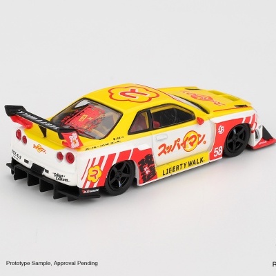 Miniatura de carro desportivo Liberty Walk amarelo branco e vermelho com asa traseira preta.