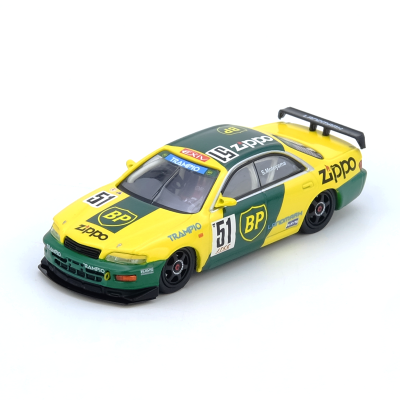 Miniatura carro de corrida amarelo e verde com logotipos e número 51