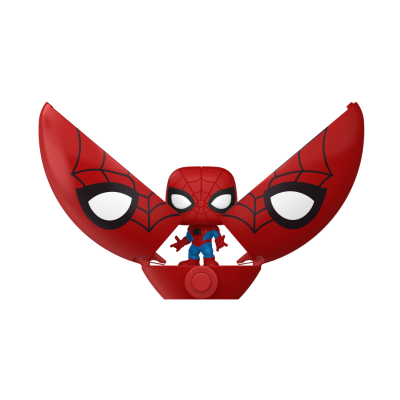 Figura Funko Pop Spider-Man dentro de recipiente vermelho com asas vermelhas e olhos pretos