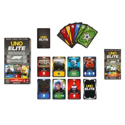 Jogo de cartas UNO ELITE com cartas coloridas e imagens de pilotos de Fórmula 1