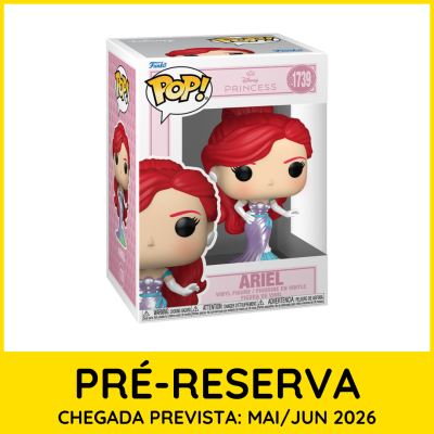 Figura Funko Pop! Ariel Disney Princess 1739 em caixa com texto de pré-reserva em fundo amarelo.