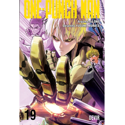 Capa do livro 19 da série One Punch Man com personagem principal e texto em amarelo