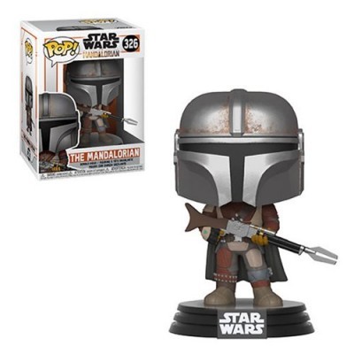 Figura POP! The Mandalorian Star Wars 326 com capacete e armadura, base preta, caixa ao fundo