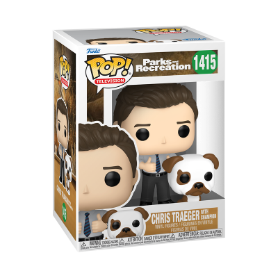 Figura colecionável POP! Chris Traeger com cão Champion em caixa transparente.