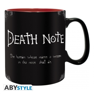 Caneca preta e vermelha com texto do Death Note