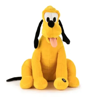 Peluche do personagem Pluto em amarelo e preto com botão PRESS ME na pata.