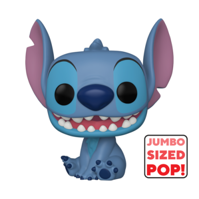 Figura Funko Pop azul Stitch com orelhas grandes rosa e sorriso, texto JUMBO SIZED POP!