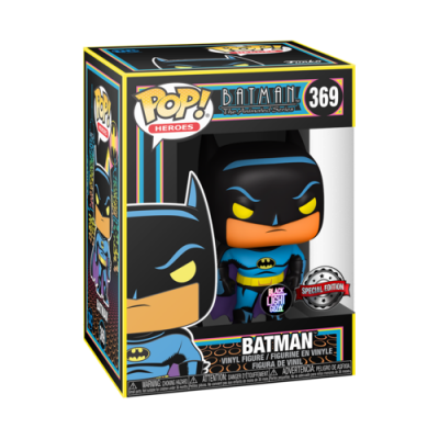 Figura Funko Pop! Batman na caixa com design preto, amarelo e azul