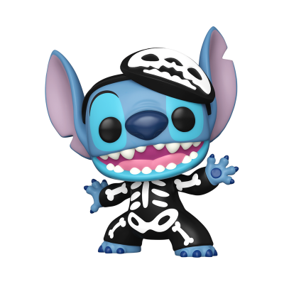 Figura de vinil azul com fato de esqueleto preto e branco e chapéu de caveira