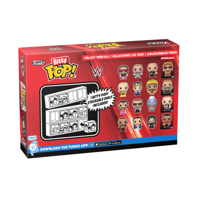 Caixa da coleção Funko Bitty Pop! WWE com figuras de lutadores em fundo vermelho
