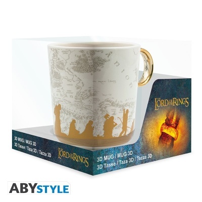 Caneca 3D The Lord of the Rings com mapa e silhuetas douradas, embalagem azul escura