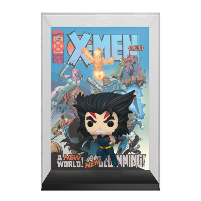 Figura Funko Pop do Wolverine em frente a capa de banda desenhada X-MEN ALPHA