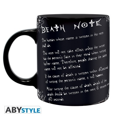 Caneca preta com texto branco do 'Death Note'