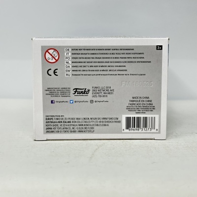 Parte traseira de caixa branca com texto informativo da Funko