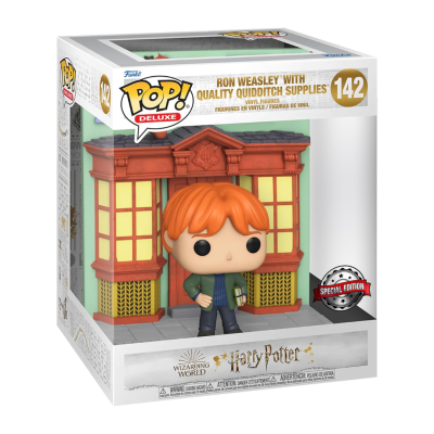 Funko POP! Deluxe Ron Weasley com suprimentos de Quadribol em embalagem