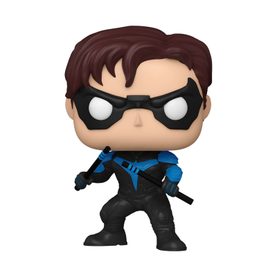 Figura Funko Pop de personagem masculino com máscara preta e fato preto com detalhes azuis
