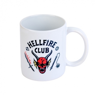 Caneca branca com design HELLFIRE CLUB e caveira vermelha com chifres