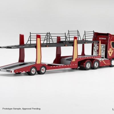 Modelo de camião de transporte vermelho SCANIA com estrutura metálica para veículos