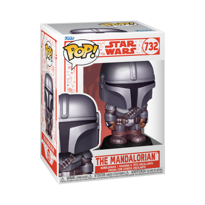Figura Funko Pop! Star Wars The Mandalorian nº 732 com capacete cinza e armadura, em caixa.