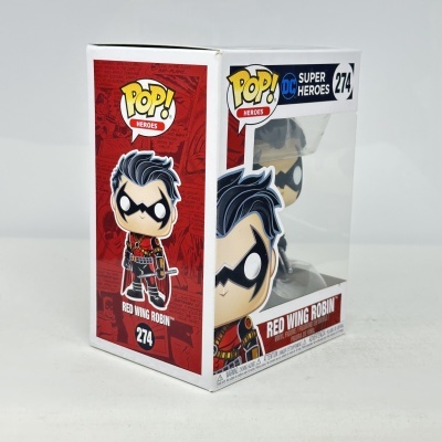 Figura Pop! Heroes Red Wing Robin em vinil com embalagem colorida e janela transparente