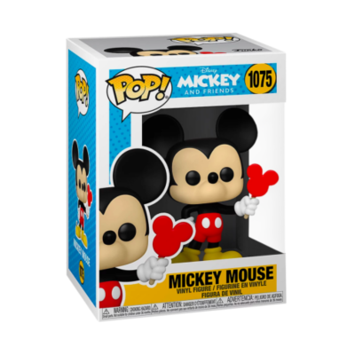 Figura de vinil Mickey Mouse colecionável numa caixa azul e branca.