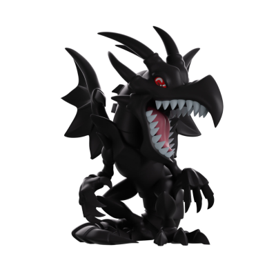 Figura colecionável de dragão preto com olhos vermelhos e dentes afiados