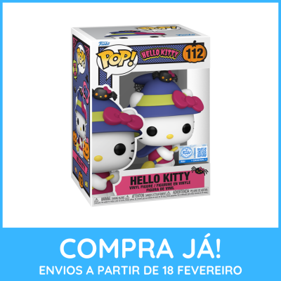 Caixa Funko Pop Hello Kitty vinil número 112 com miniatura e aranha preta.