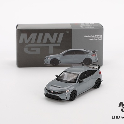 Miniatura de carro Honda Civic TYPE R cinza com caixa atrás
