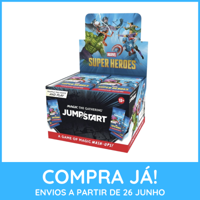Caixa de cartas Magic The Gathering Jumpstart Super Heroes da Marvel, para maiores de 13 anos.