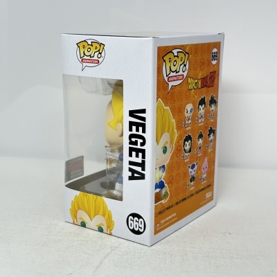 Caixa de vinil Funko Pop! Animation Vegeta Dragon Ball Z com fundo laranja e personagens desenhados
