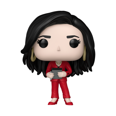 Boneca Funko Pop de vinil com cabelo preto e roupa vermelha segurando tabuleta cinzenta.
